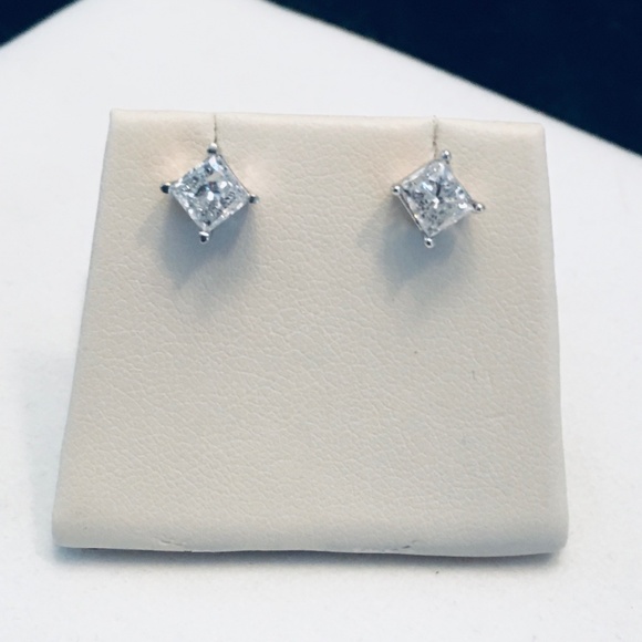 14K White Gold 2.0 CTW Princess Cut Diamond Stud Earrings - Picture 7 of 13